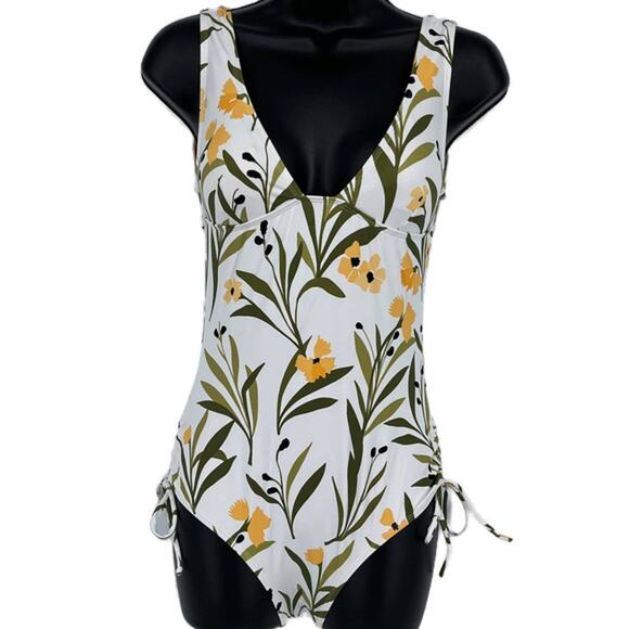 Swimsuit Classic Scrunch Floral One Piece in White Yellow and Green Print Size S - Picture 4 of 8